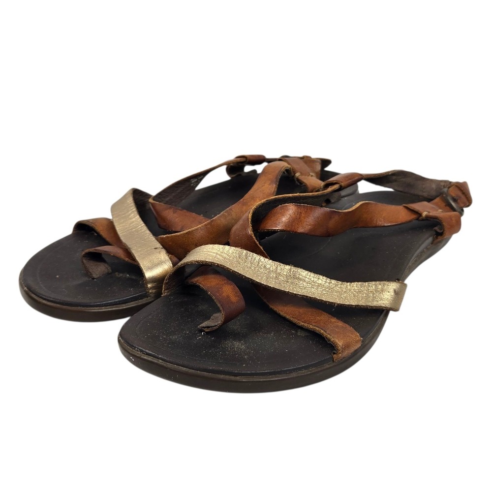 Olukai Upena Brown Gold Leather Strappy Slingback Flat Toe Strap Sandals Size 7